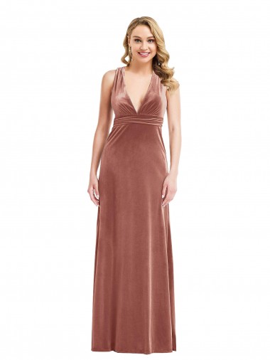 Buy V-Neck Long Stretch Velvet Cinnamon Rose Sleeveless Evening Dress UK