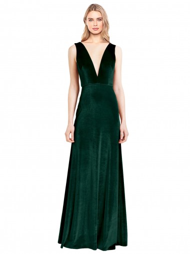 Buy V-Neck Long Stretch Velvet Dark Green Sleeveless Evening Dress UK