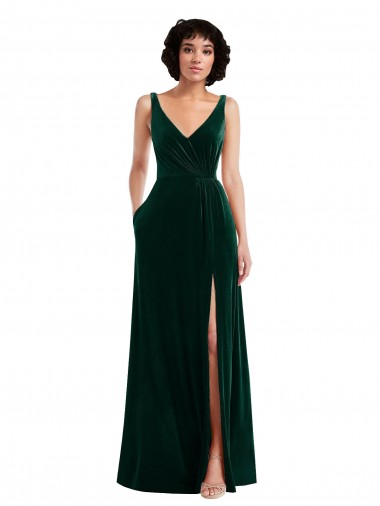 Buy V-Neck Long Stretch Velvet Dark Green Sleeveless Evening Gowns UK