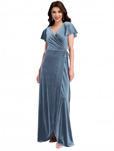 Buy V-Neck Long Stretch Velvet Dusty Blue Flutter Sleeves Black Tie Evening Dress UK