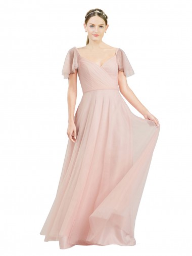 Buy V-Neck Long Tulle Pink Flutter Sleeves Evening Dress UK