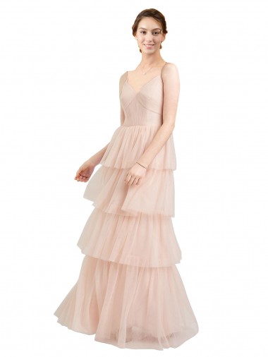 Buy V-Neck Long Tulle Pink Sleeveless Semi Formal Evening Dress UK