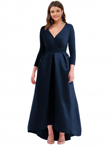 Buy V-Neck Long Spandex Dark Navy Long Sleeves High Low Plus Size Evening Dress UK