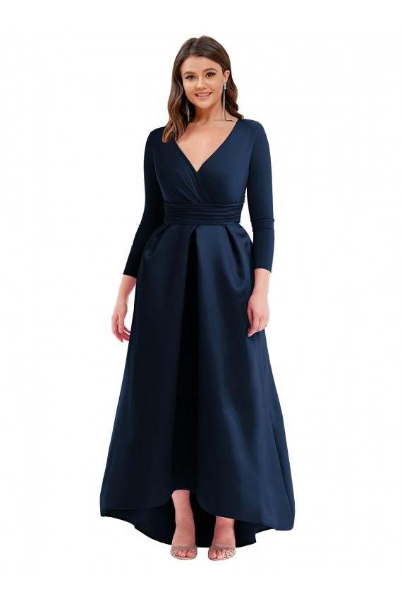 Buy V-Neck Long Spandex Dark Navy Long Sleeves High Low Plus Size Evening Dress UK