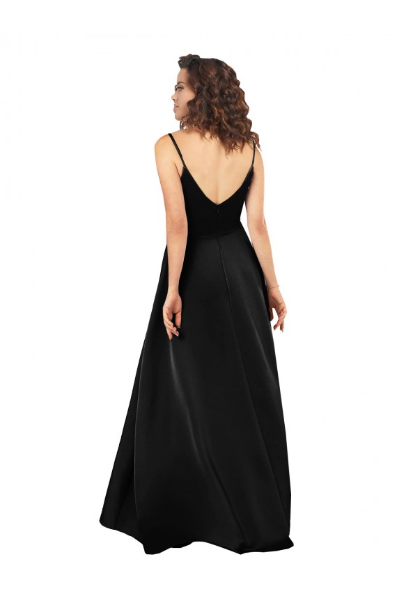 Buy V-Neck Long Silky Satin Black Sleeveless High Low Evening Dress UK