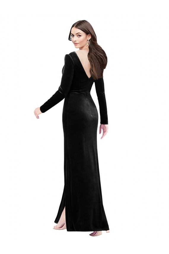 Buy V-Neck Long Stretch Velvet Black Long Sleeves Formal Evening Dress UK