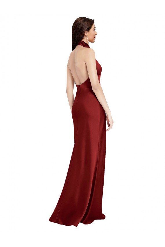 Buy Halter Neck Long Stretch Satin Burgundy Sleeveless Black Tie Evening Dress UK