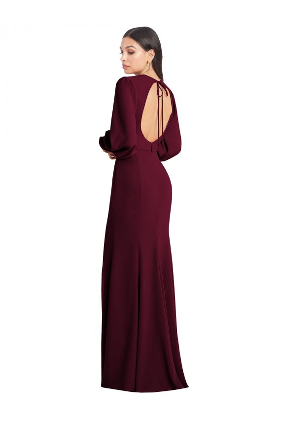 Buy Bateau Neck Long Stretch Crepe Burgundy Gold Puff Sleeves Evening Dress UK