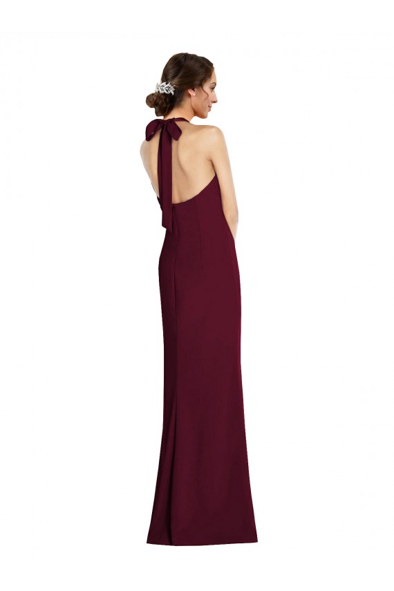 Buy Halter Neck Long Stretch Crepe Burgundy Gold Sleeveless Semi Formal Evening Dress UK