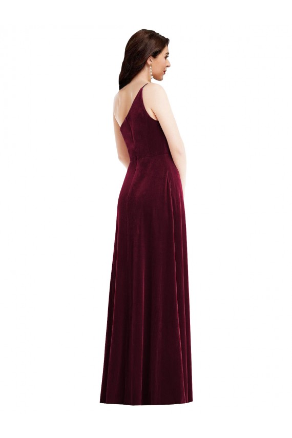 Buy One Shoulder Long Stretch Velvet Burgundy Sleeveless Black Tie Evening Dress UK