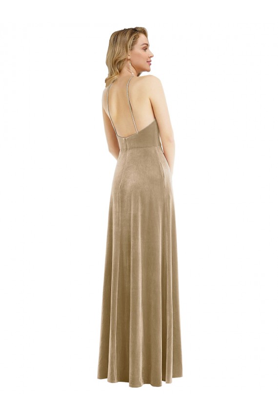 Buy High Neck Long Stretch Velvet Champagne Sleeveless Semi Formal Evening Dress UK