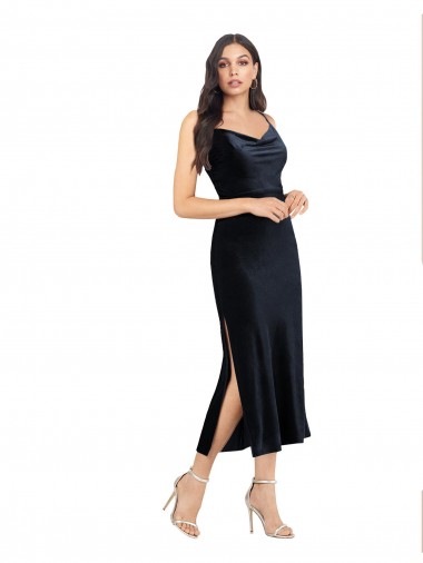 Buy Cowl Neck Midi Length Stretch Velvet Dark Navy Sleeveless Formal Evening Dress UK