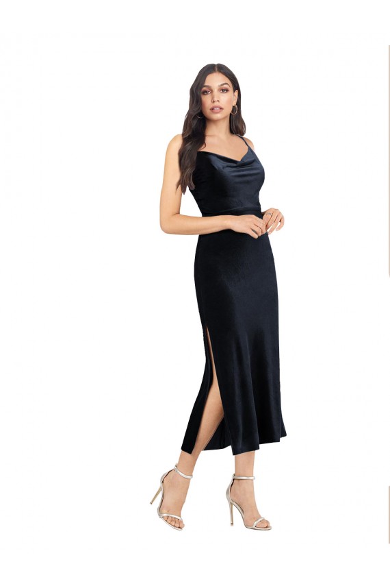 Buy Cowl Neck Midi Length Stretch Velvet Dark Navy Sleeveless Formal Evening Dress UK