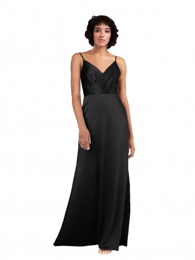 Buy V-Neck Long Silky Satin Black Column Sleeveless Formal Evening Dress UK