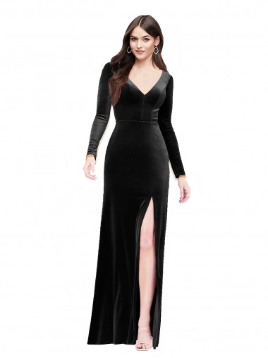 Buy V-Neck Long Stretch Velvet Black Long Sleeves Formal Evening Dress UK