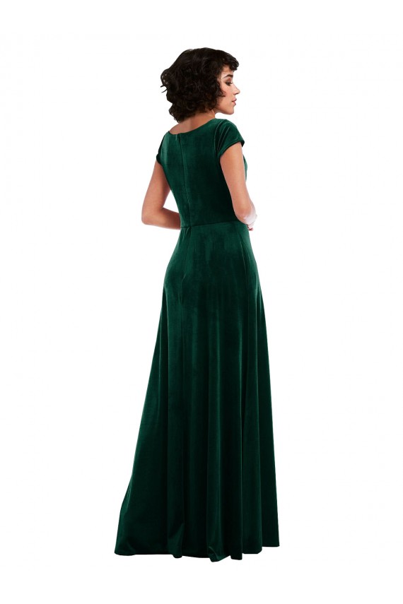 Buy Cowl Neck Long Stretch Velvet Dark Green Cap Sleeves Black Tie Evening Dress UK