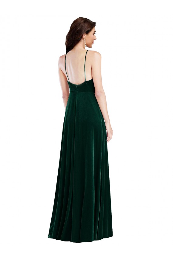 Buy High Neck Long Stretch Velvet Dark Green Sleeveless Semi Formal Evening Dress UK