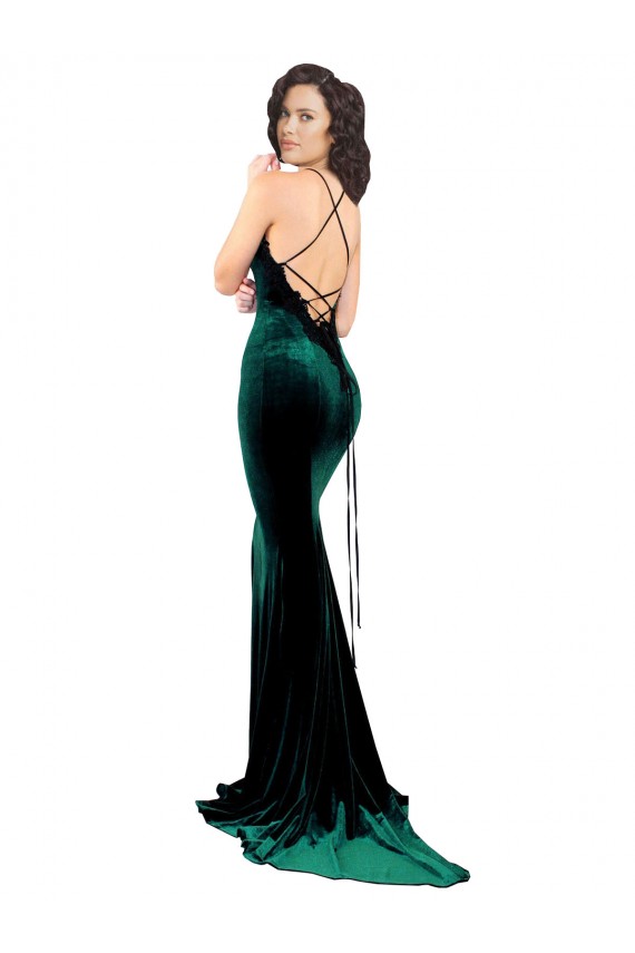 Buy High Neck Sweep Train Stretch Velvet Dark Green Sleeveless Formal Evening Dress UK