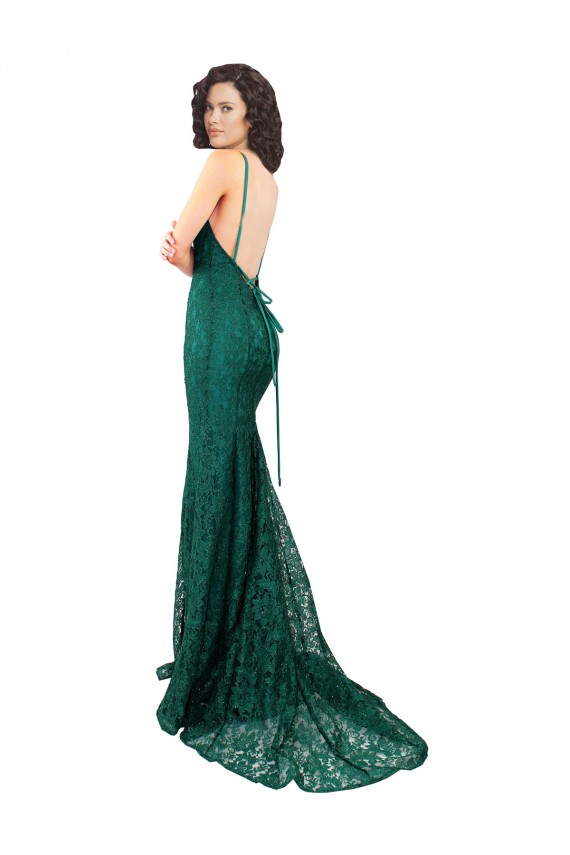 Buy V-Neck Long Lace Dark Green Sleeveless Black Tie Evening Dress UK