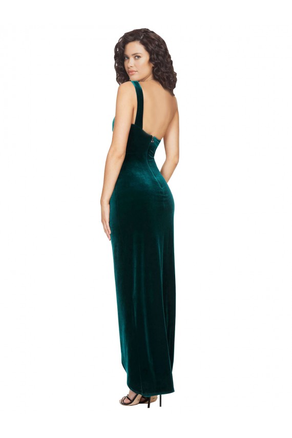 Buy One Shoulder Long Stretch Velvet Dark Green Sleeveless High Low Evening Dress UK