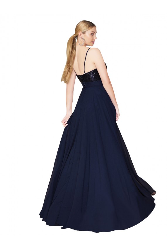 Buy High Neck Long Soft Chiffon & Sequin Dark Navy Sleeveless Semi Formal Evening Gown UK