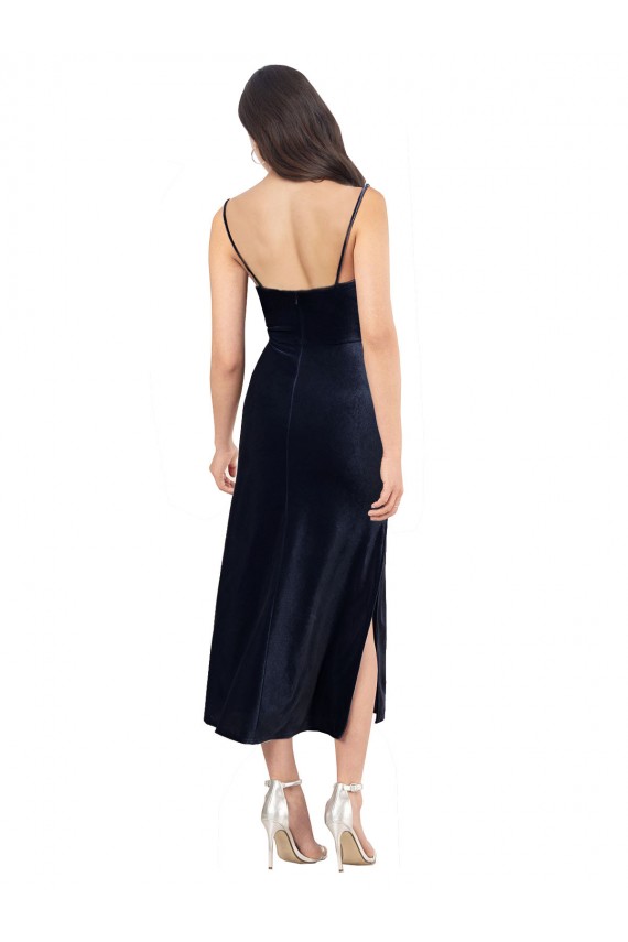 Buy Cowl Neck Midi Length Stretch Velvet Dark Navy Sleeveless Formal Evening Dress UK