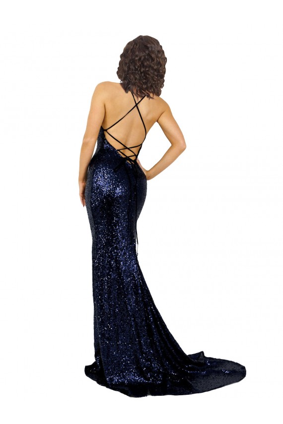 Buy V-Neck Long Sequin Dark Navy Sleeveless Formal Evening Dress UK