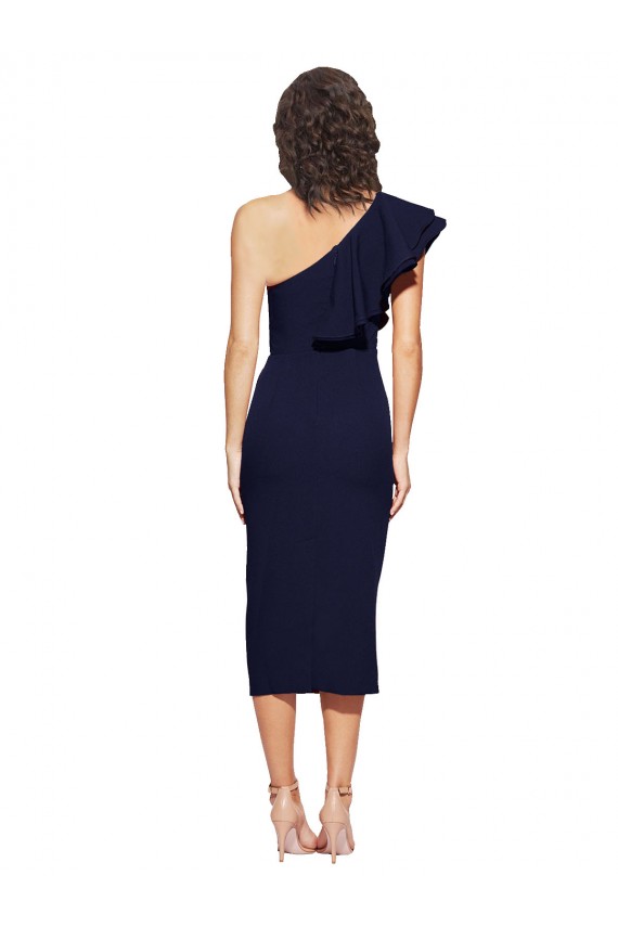 Buy One Shoulder Midi Length Stretch Crepe Dark Navy Sleeveless Formal Evening Dress UK