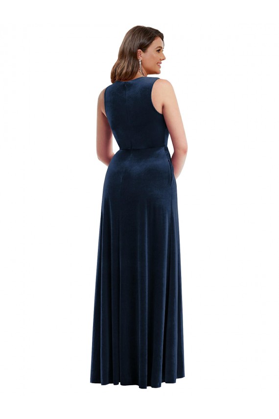 Buy V-Neck Long Stretch Velvet Dark Navy Sleeveless Plus Size Formal Evening Dress UK