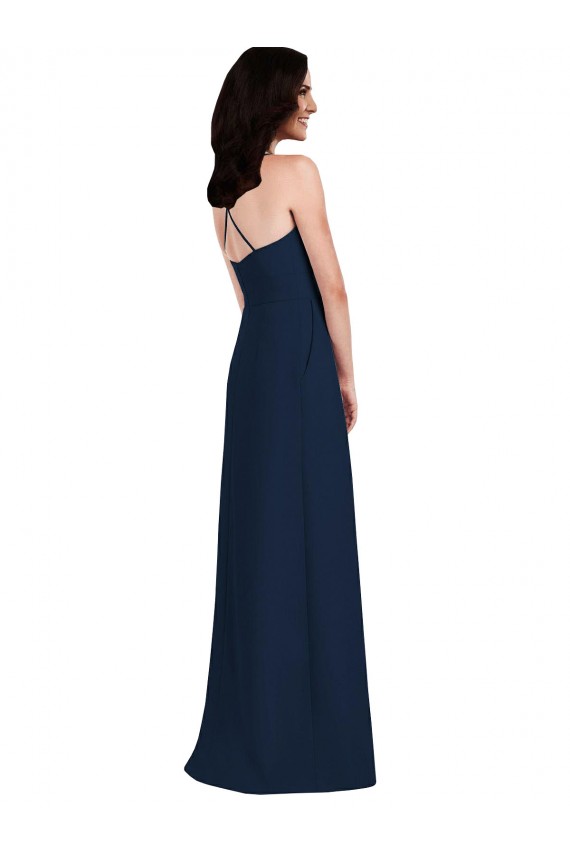 Buy Halter Neck Long Stretch Crepe Dark Navy Sleeveless Semi Formal Evening Dress UK