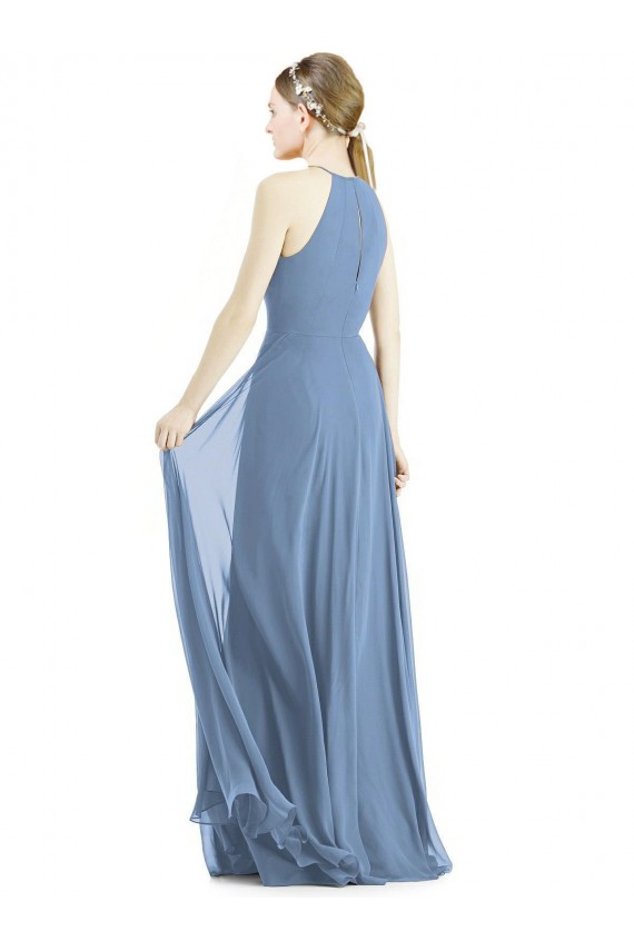 Buy Halter Neck Long Soft Chiffon Dusty Blue Sleeveless Semi Formal Evening Dress UK