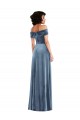 Buy Off the Shoulder Long Stretch Velvet Dusty Blue Sleeveless Semi Formal Evening Dress UK