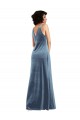 Buy Cowl Neck Long Stretch Velvet Dusty Blue Sleeveless Evening Dress UK