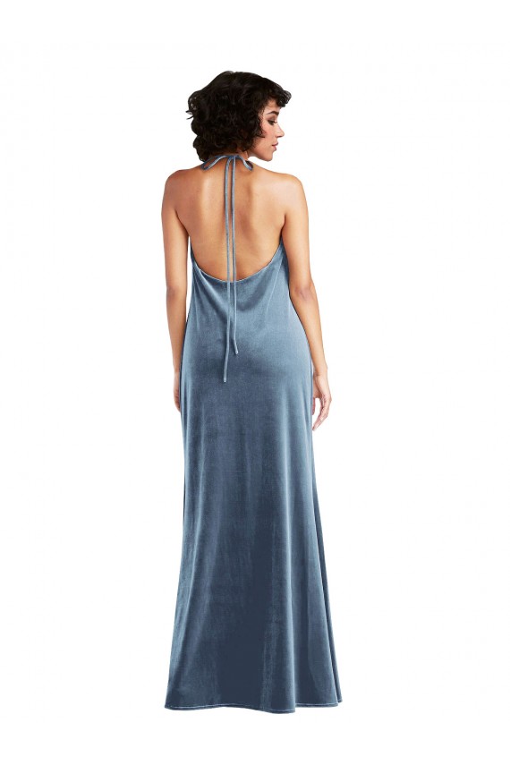 Buy Cowl Neck Long Stretch Velvet Dusty Blue Sleeveless Evening Gown UK