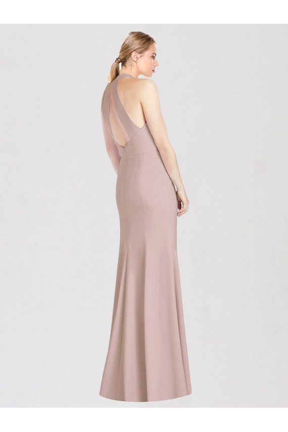 Buy Halter Neck Long Stretch Crepe Dusty Pink Sleeveless Semi Formal Evening Dress UK