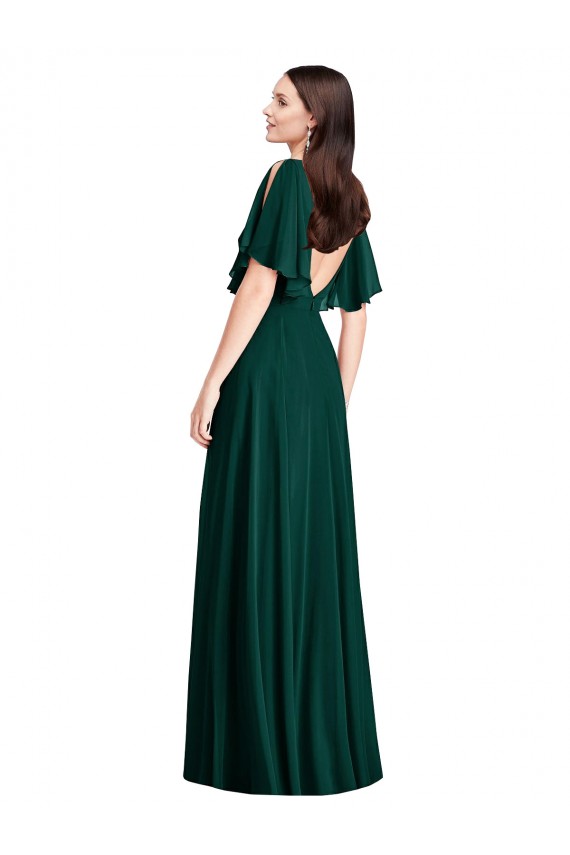 Buy Bateau Neck Long Soft Chiffon Ever Green Bell Sleeves Semi Formal Evening Dress UK