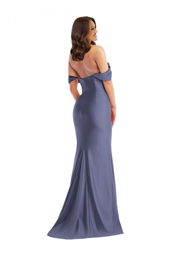 Buy Off the Shoulder Long Silky Satin French Blue Sleeveless Black Tie Plus Size Evening Dress UK