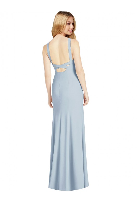 Buy High Neck Long Stretch Crepe Light Sky Blue Sleeveless Formal Evening Dress UK