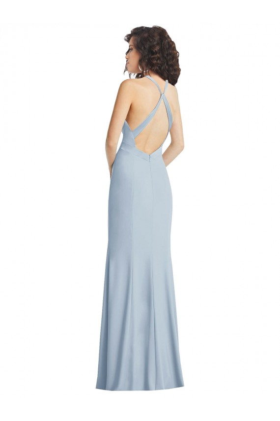 Buy High Neck Long Stretch Crepe Light Sky Blue Sleeveless Formal Evening Gown UK