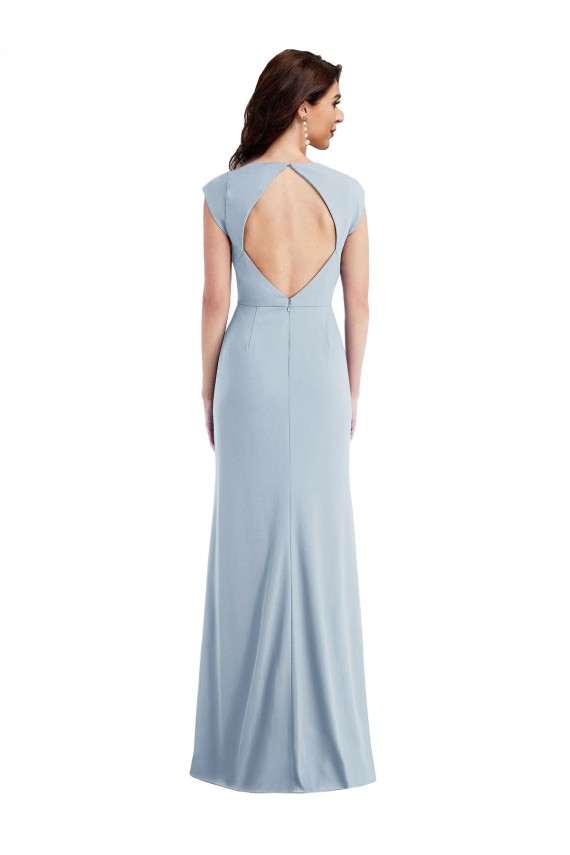 Buy Long Stretch Crepe Light Sky Blue Cap Sleeves Formal Evening Dress UK