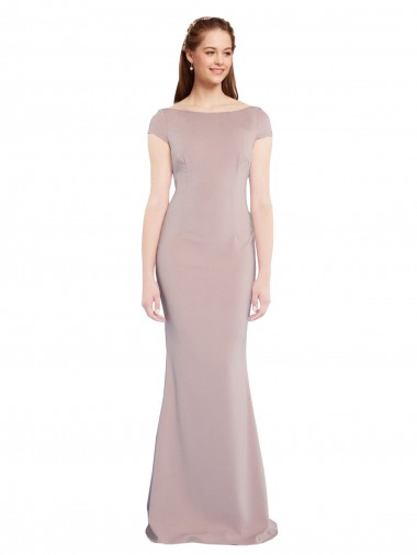 Buy Boat Neck Long Stretch Crepe Dusty Pink Cap Sleeves Formal Evening Dress UK