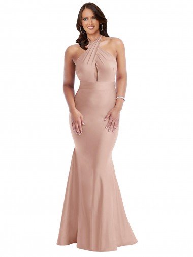 Buy Halter Neck Long Silky Satin Dusty Pink Sleeveless Plus Size Formal Evening Dress UK