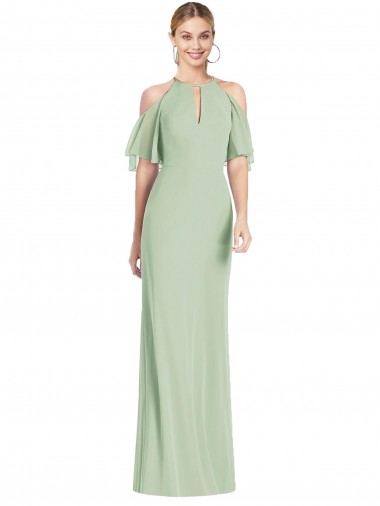 Buy Halter Neck Long Soft Chiffon Sage Cold Shoulder Semi Formal Evening Dress UK