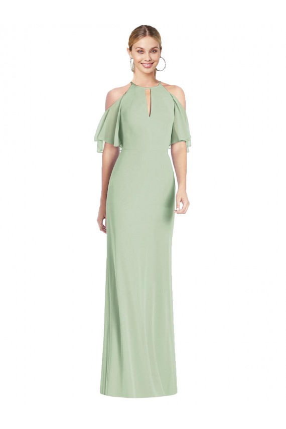 Buy Halter Neck Long Soft Chiffon Sage Cold Shoulder Semi Formal Evening Dress UK