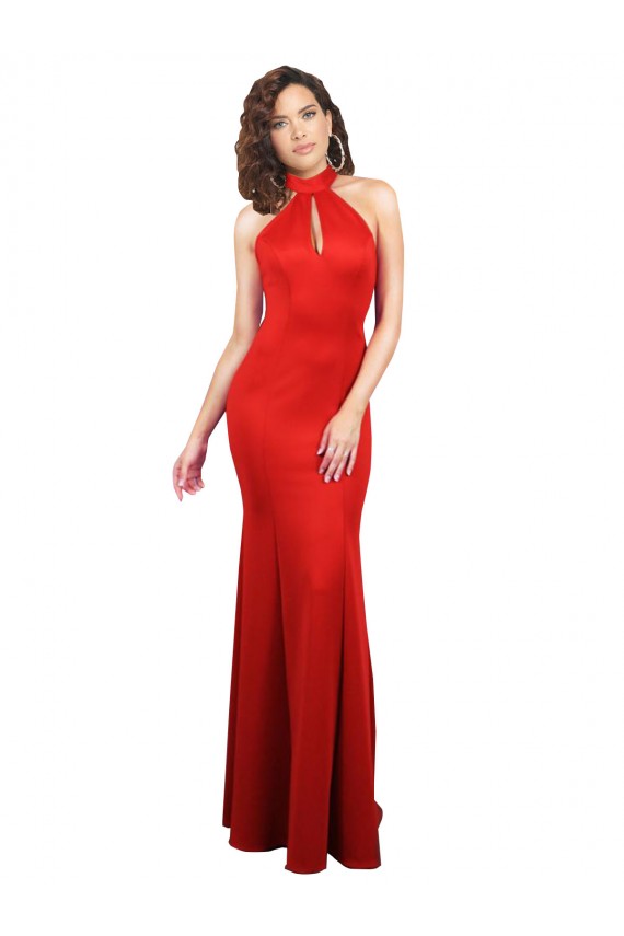 Buy Halter Neck Long Stretch Satin Red Sleeveless Formal Evening Dress UK