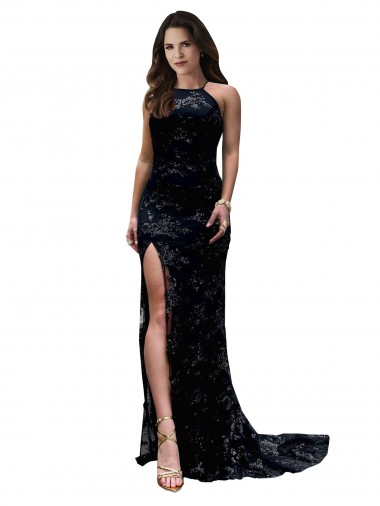 Buy High Neck Long Lace Black Sleeveless Black Tie Evening Dress UK