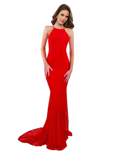 Buy High Neck Long Lace Red Sleeveless Evening Dress UK