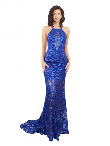 Buy High Neck Long Lace Royal Blue Sleeveless Semi Formal Evening Dress UK