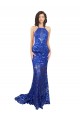 Buy High Neck Long Lace Royal Blue Sleeveless Semi Formal Evening Dress UK