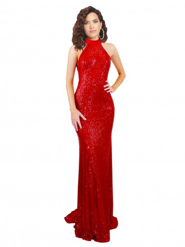 Buy High Neck Long Sequin Red Sleeveless Formal Evening Dress UK